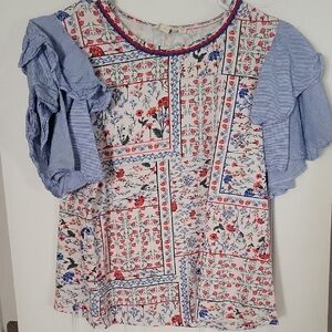 Colorful Floral Woman's Blouse with Blue Sleeves